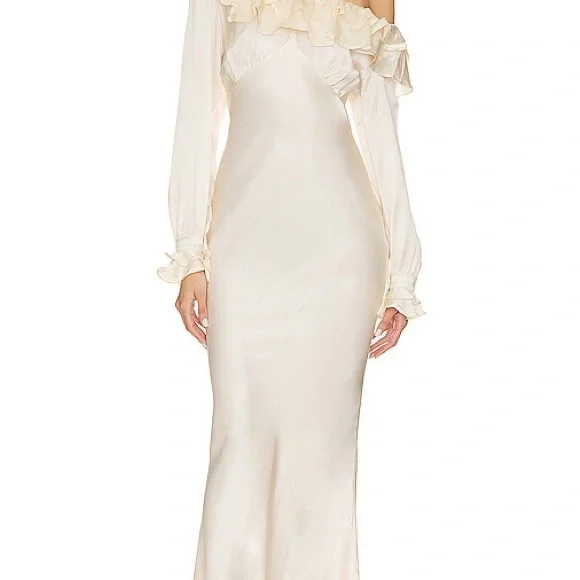 Stone Cold Fox Vicious Dress Off-Shoulder Ruffle Satin Evening Dress in Cream - Picture 3 of 7
